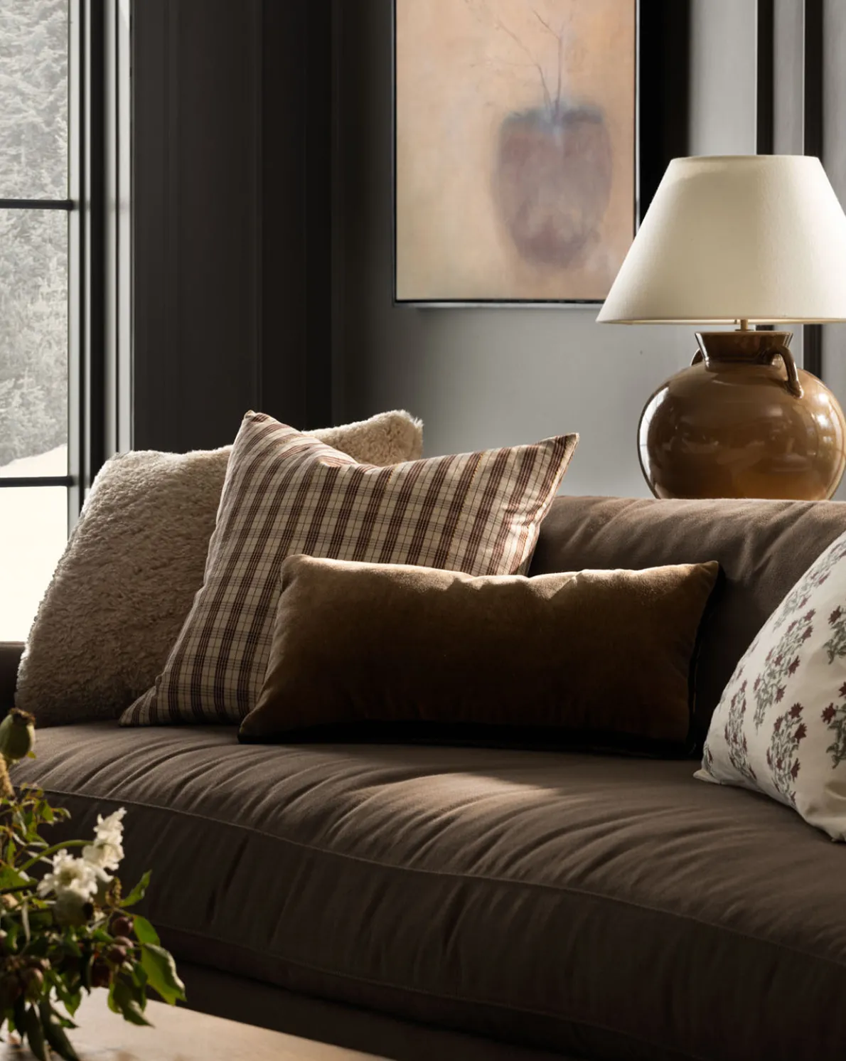 Brown Mohair Pillow with Velvet Stripe